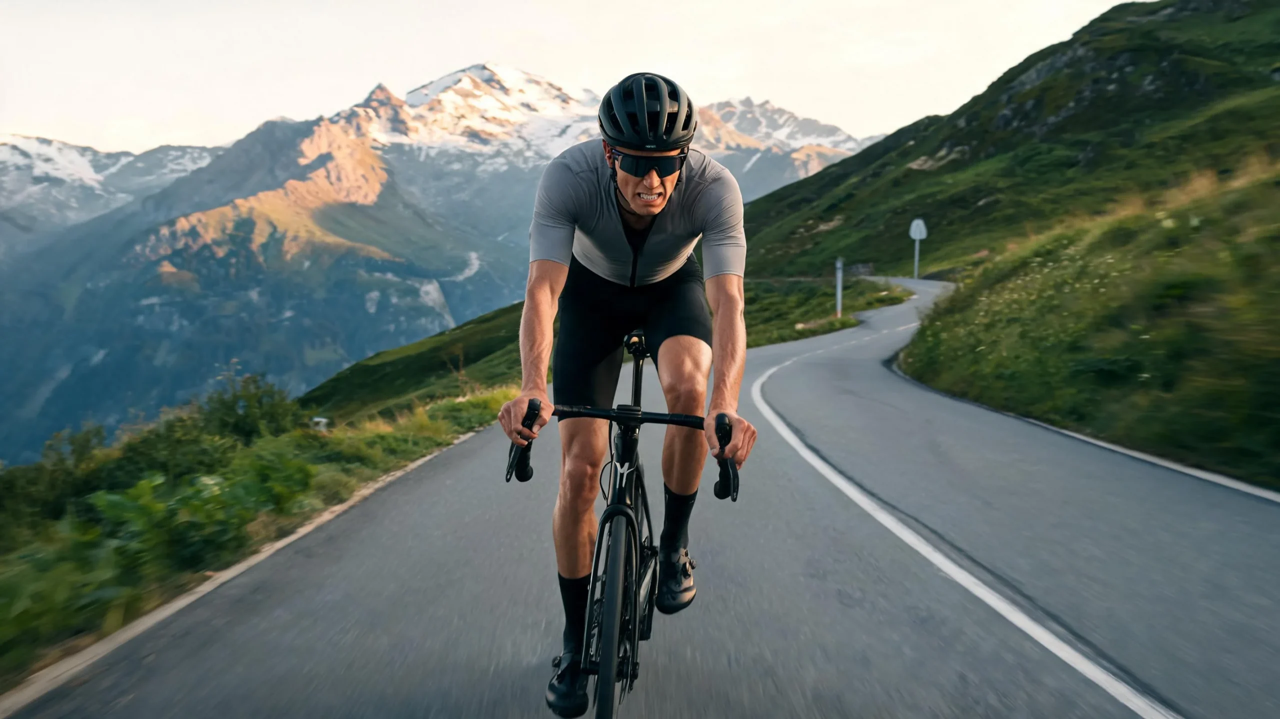 Coureur cycliste professionnel en plein effort montrant sa forme physique