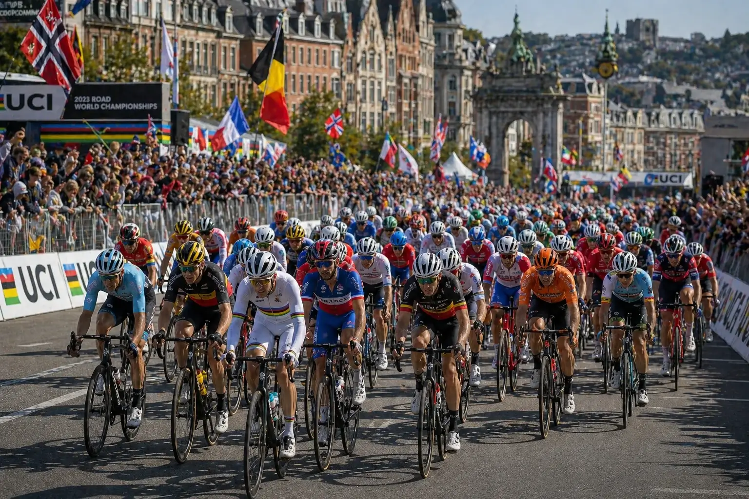 Peloton des championnats du monde cyclisme avec coureur en maillot arc-en-ciel