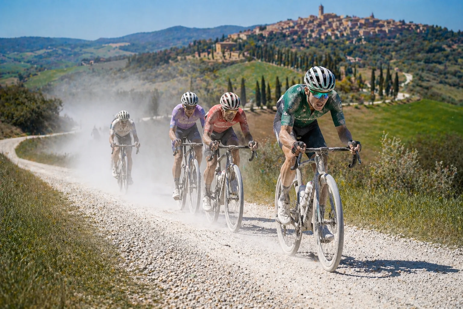 Cyclistes sur les strade bianche de Toscane lors d'une classique italienne