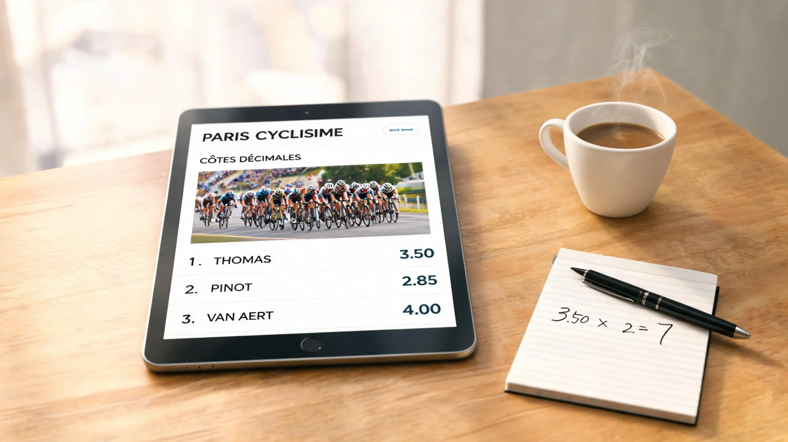 Écran affichant des cotes décimales pour les paris cyclisme