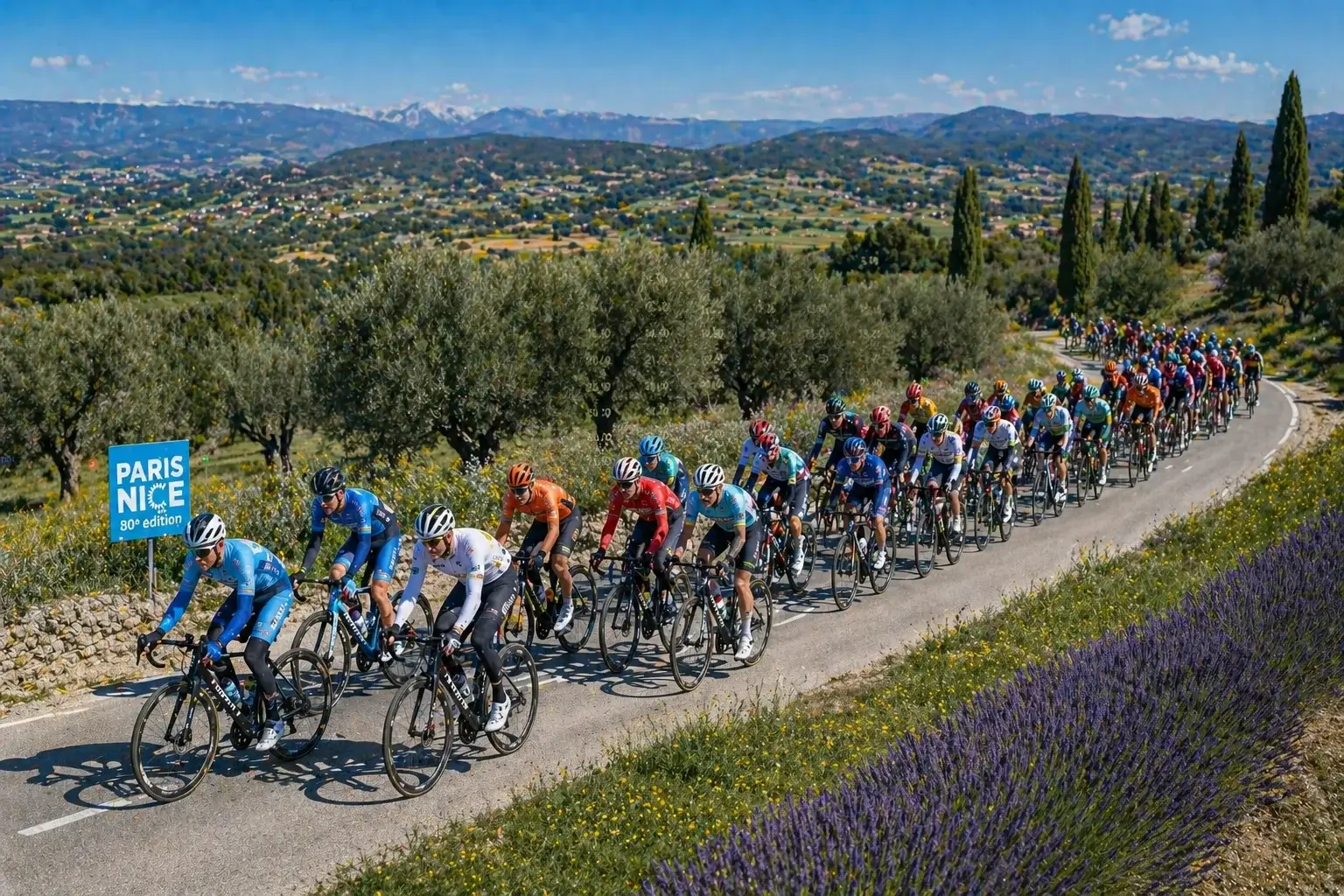Peloton de Paris-Nice sur les routes du sud de la France en mars