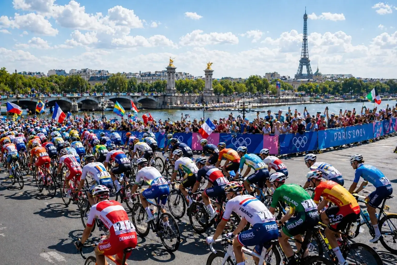 Peloton cycliste aux Jeux Olympiques avec drapeaux nationaux et anneaux olympiques