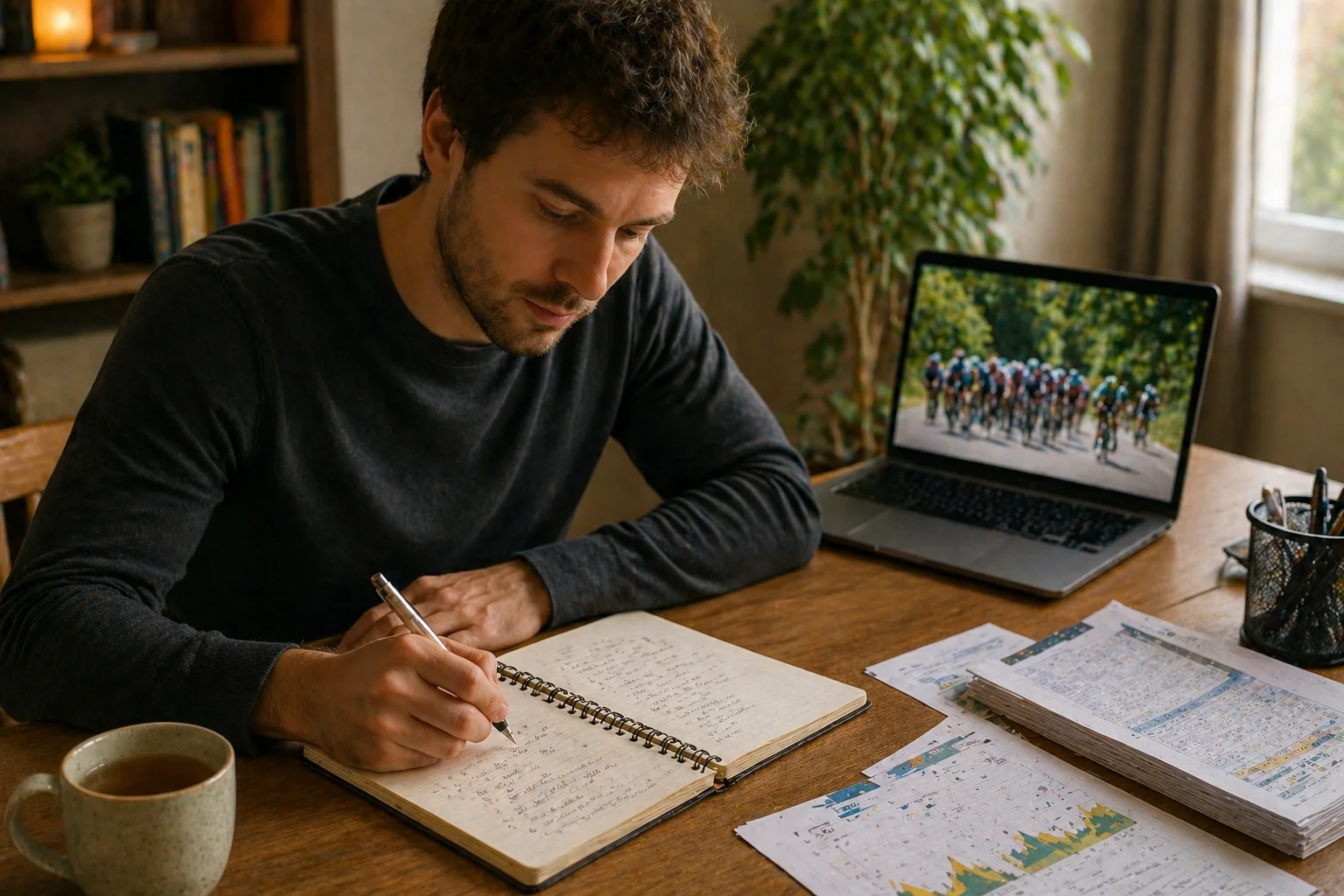 Parieur débutant analysant ses erreurs devant un écran de paris cyclisme
