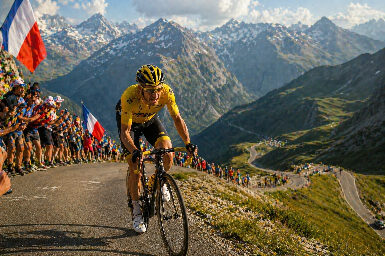 Grimpeur cycliste attaquant dans un col alpin lors d'une étape de montagne