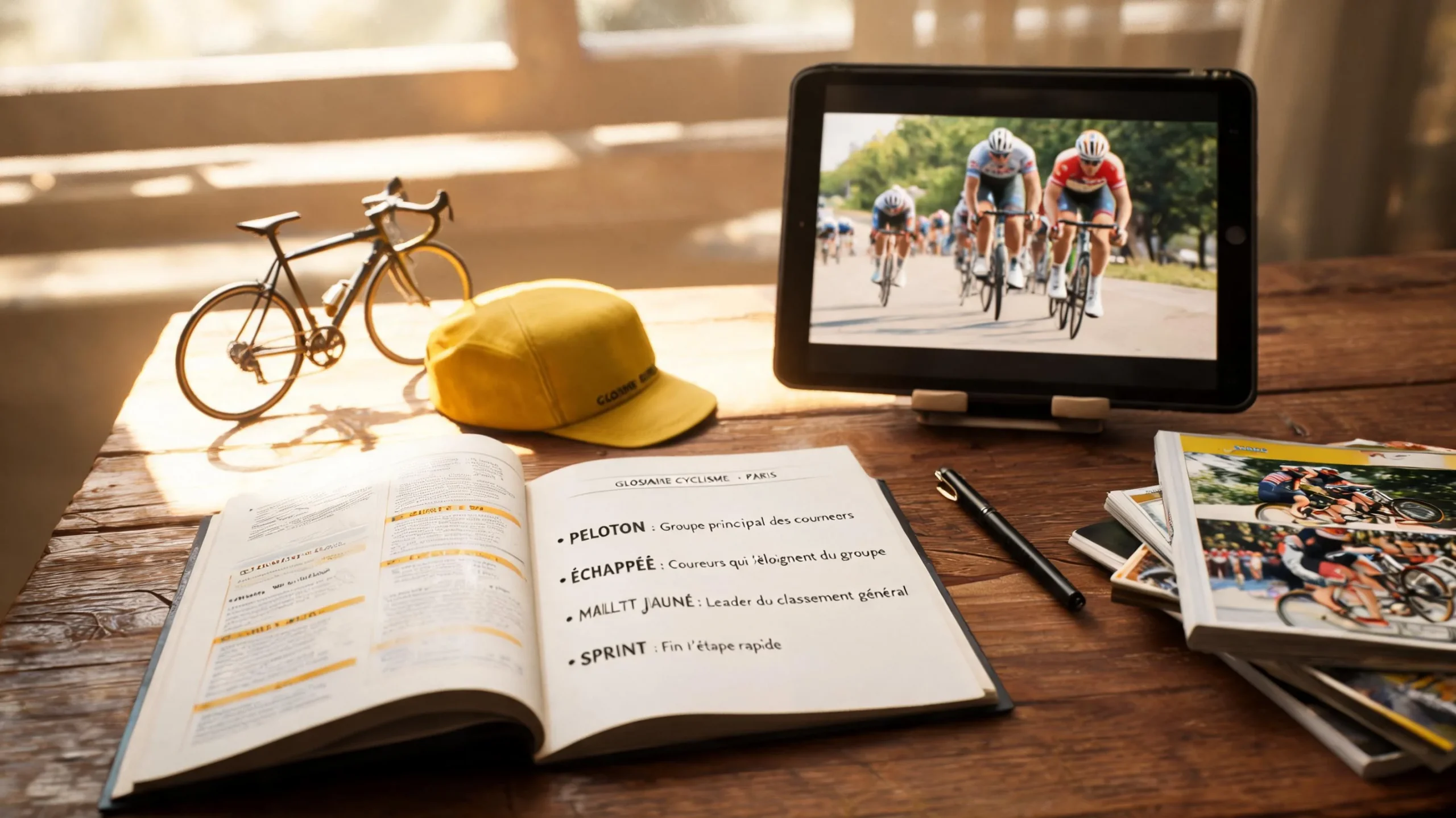 Livre ouvert avec termes de cyclisme et paris sportifs illustrés