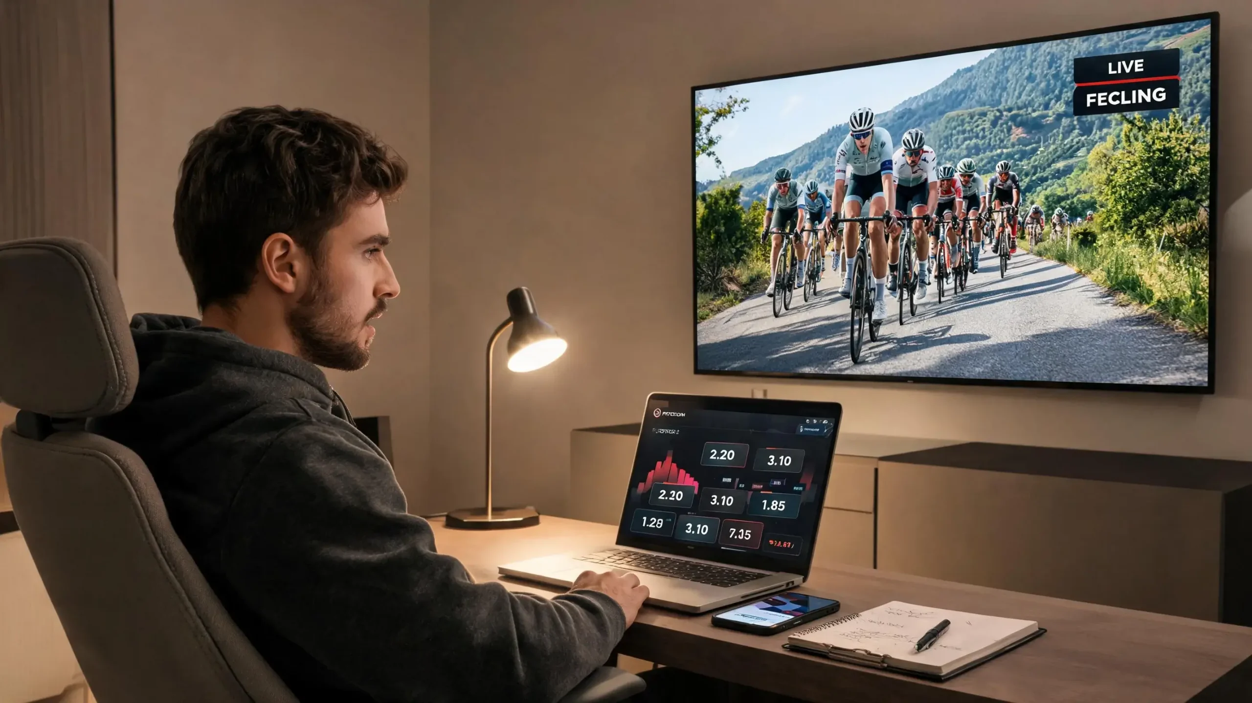 Parieur regardant une course cycliste en direct sur écran pour le live betting