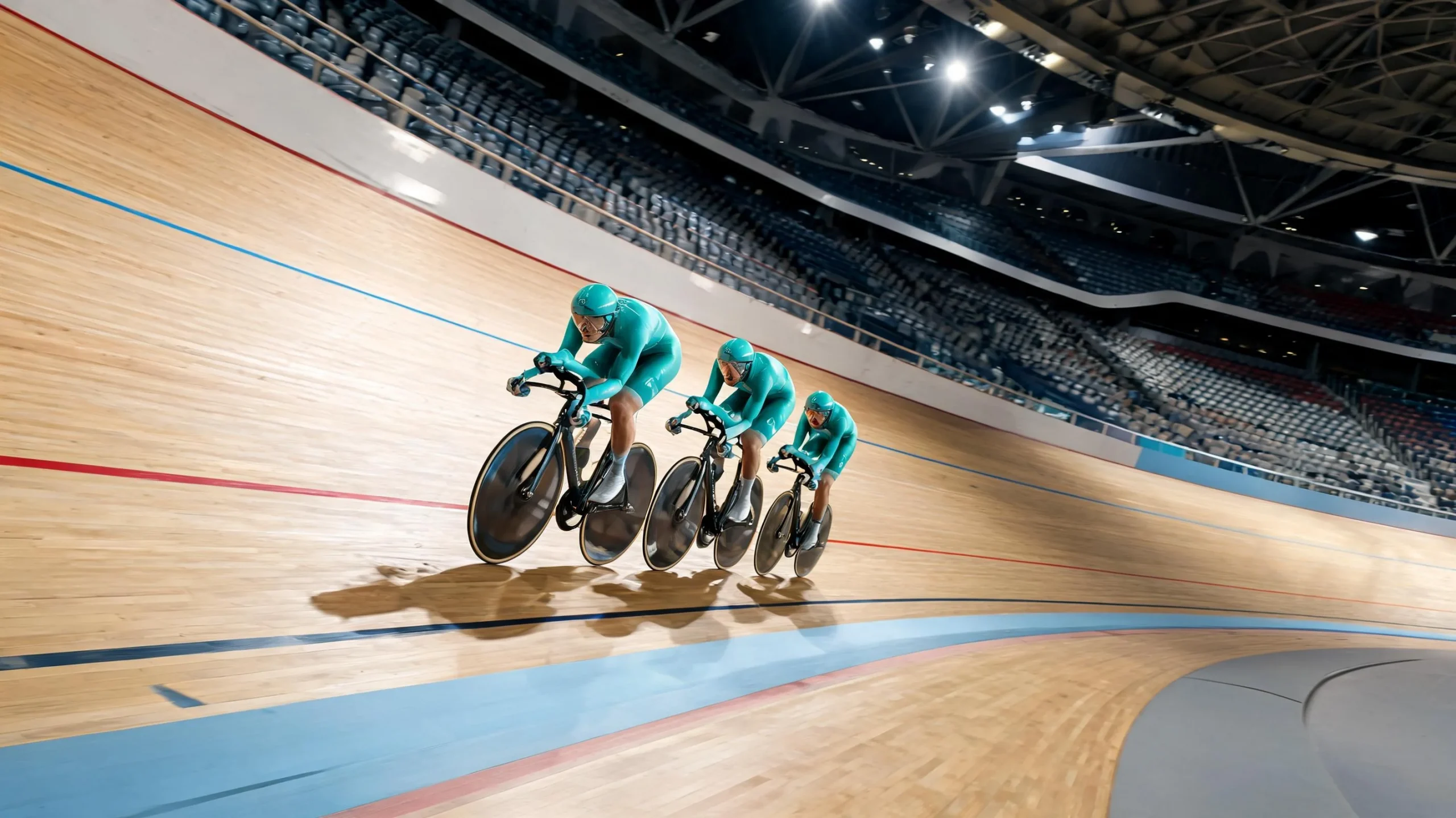 Coureurs cyclistes sur piste dans un vélodrome lors d'une poursuite