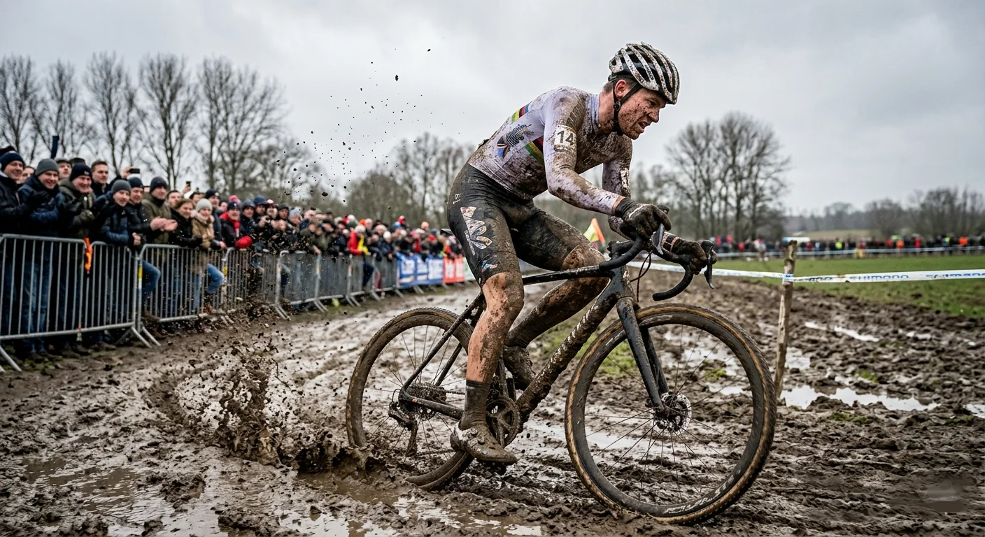 Coureur de cyclo-cross traversant un secteur boueux en hiver