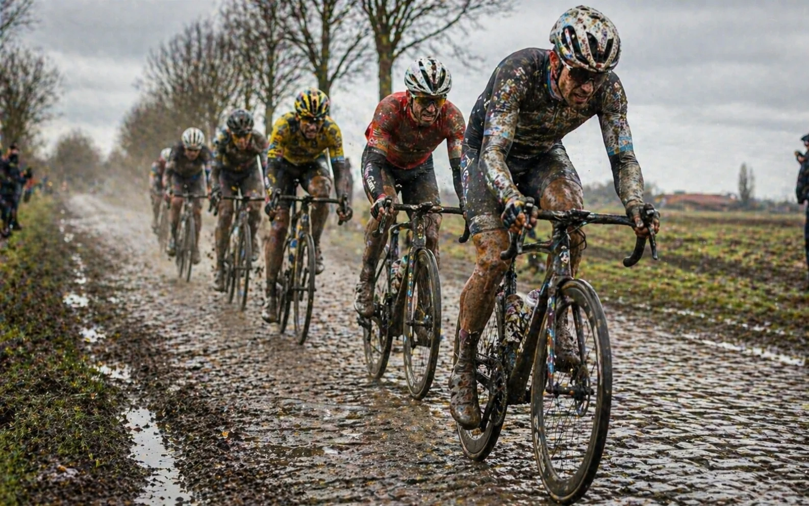 Cyclistes traversant un secteur pavé boueux lors de Paris-Roubaix avec de la poussière soulevée