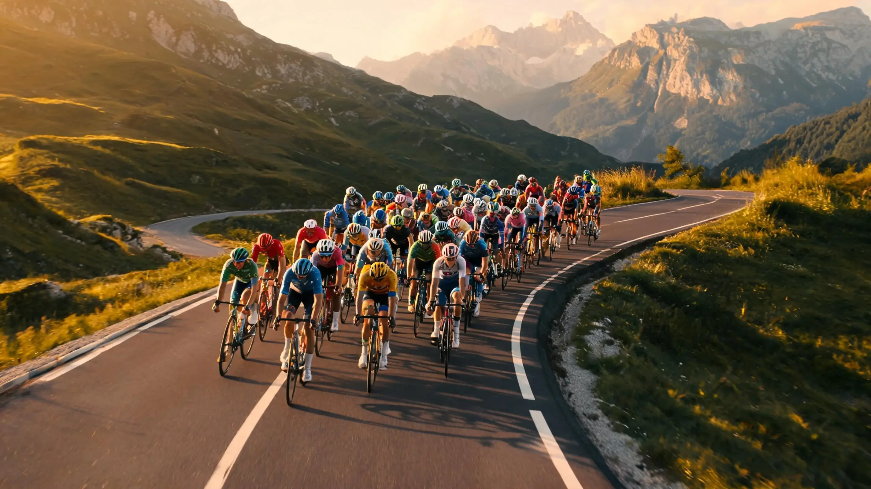 Peloton de cyclistes professionnels roulant sur une route de montagne européenne lors d'une course du calendrier UCI