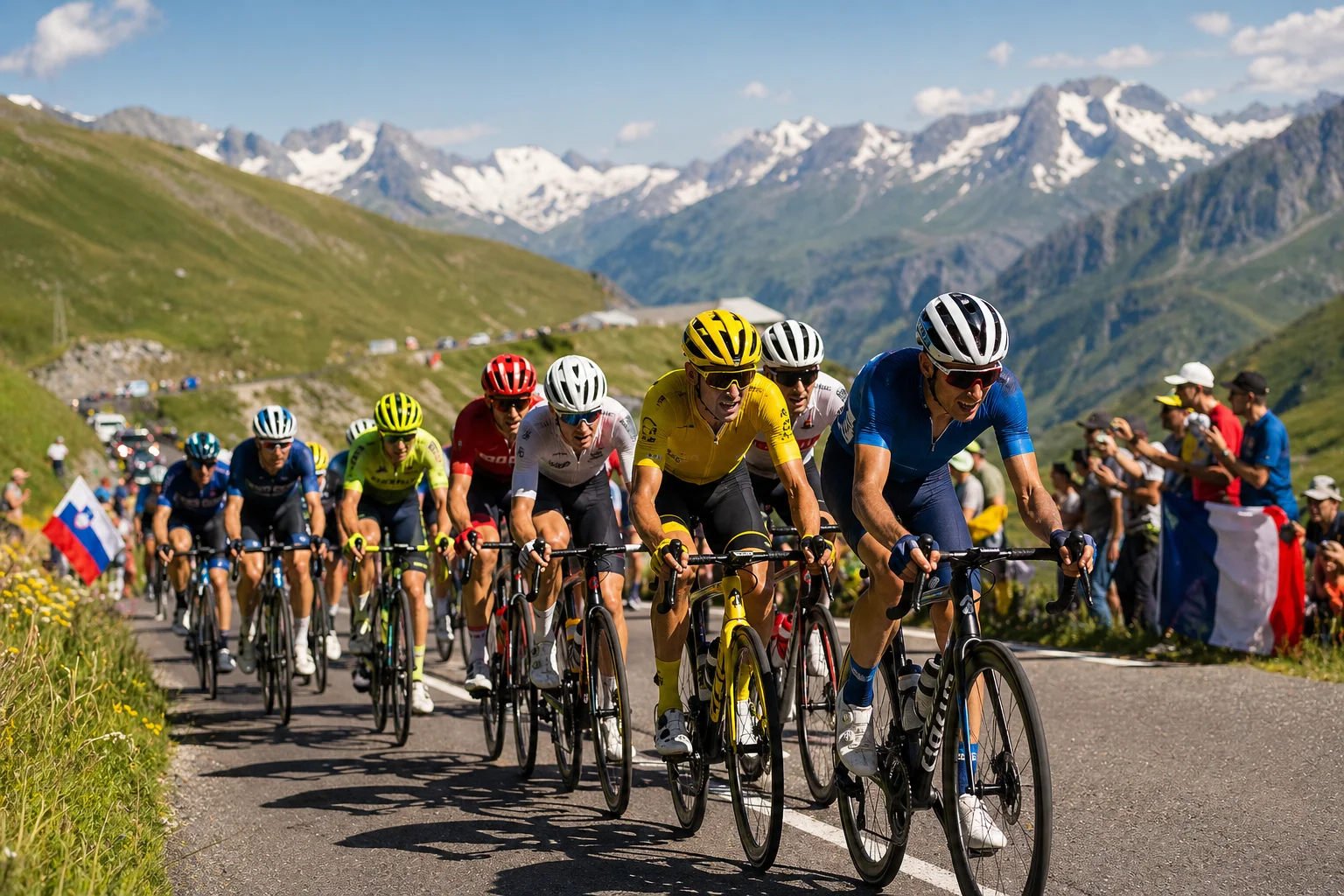 Peloton du Tour de France dans les cols alpins pour les paris cyclisme