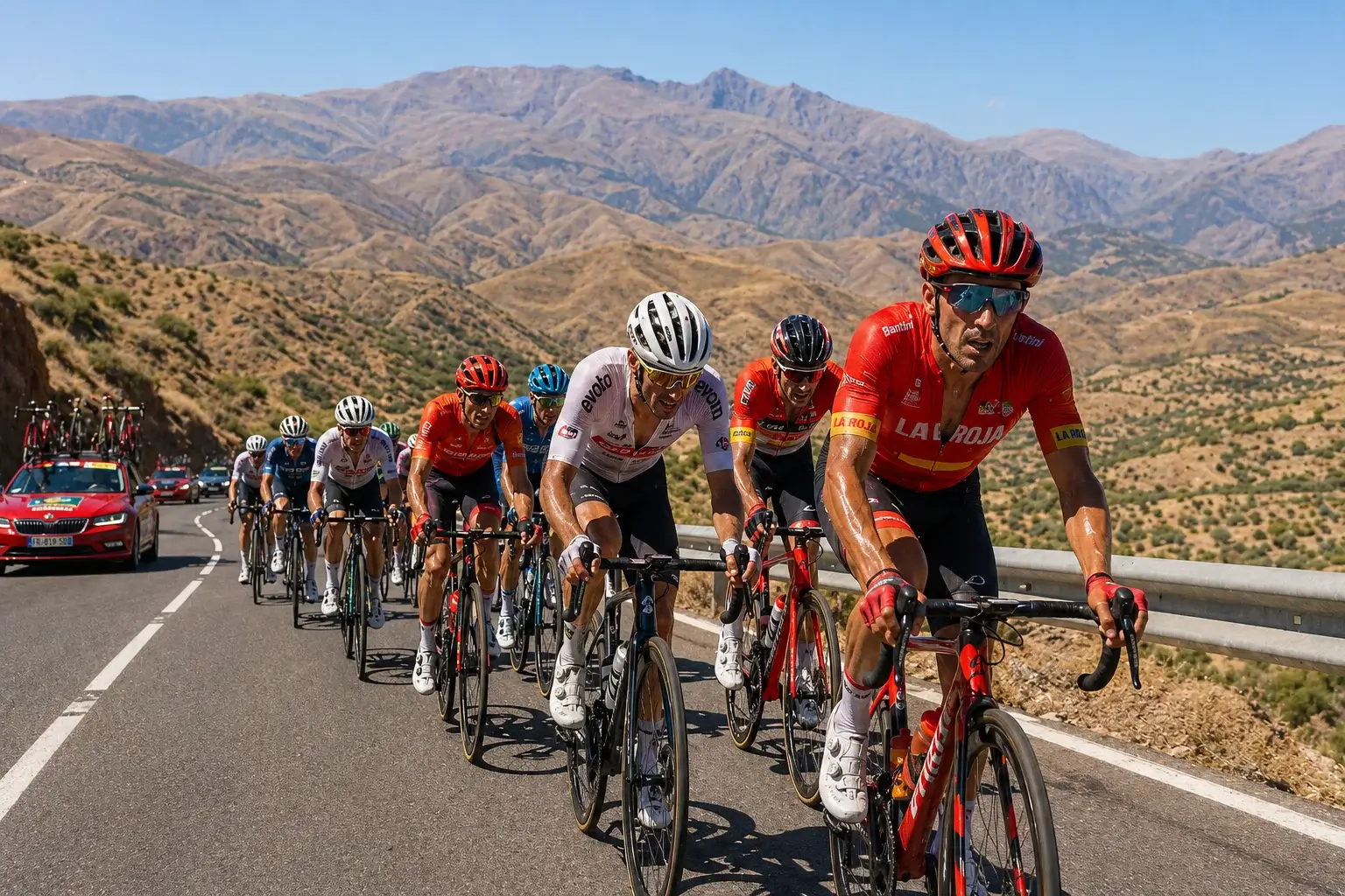 Peloton de la Vuelta a España en montagne sous le soleil pour les paris cyclisme