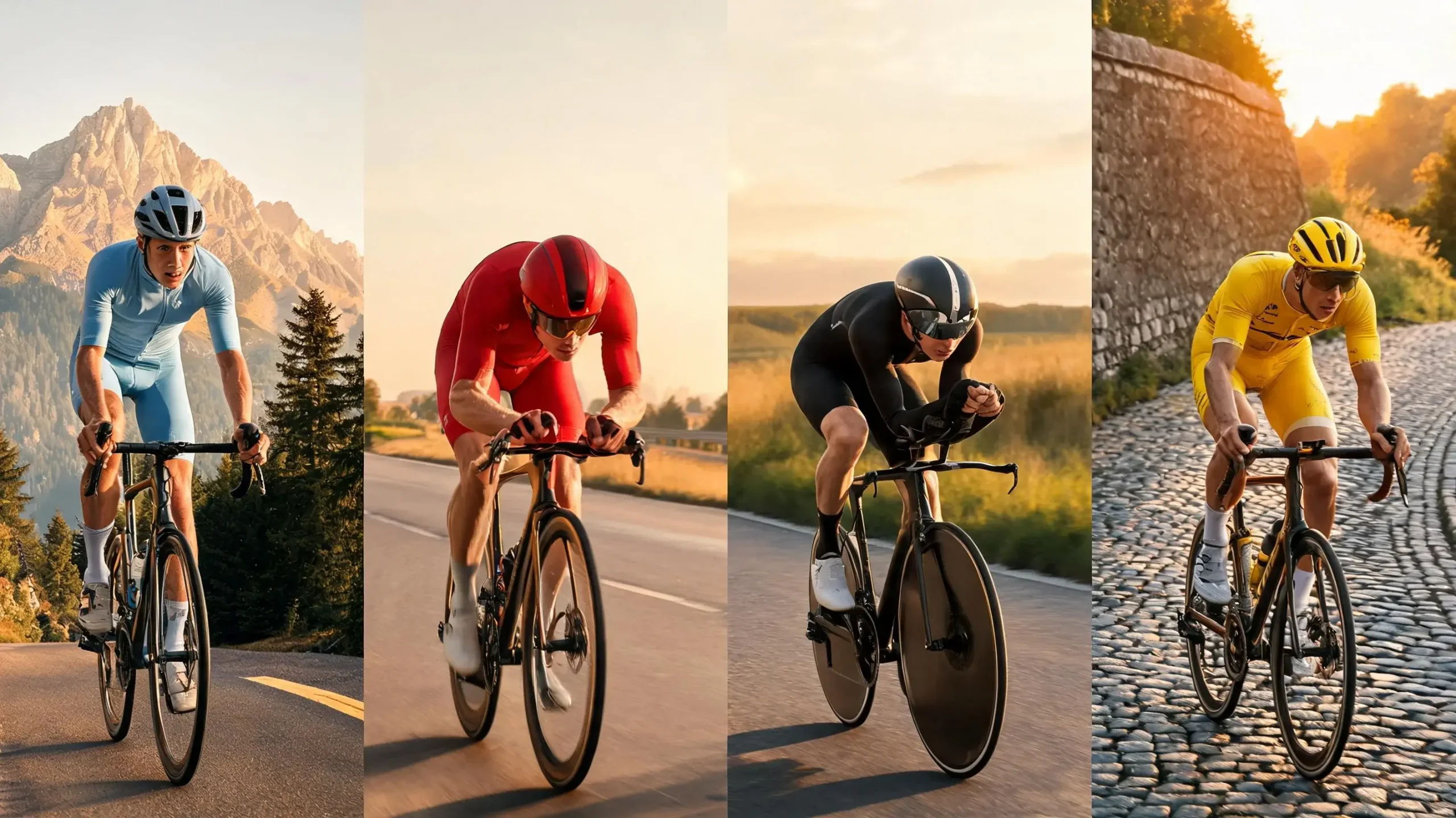 Quatre cyclistes professionnels représentant les différents profils de coureurs