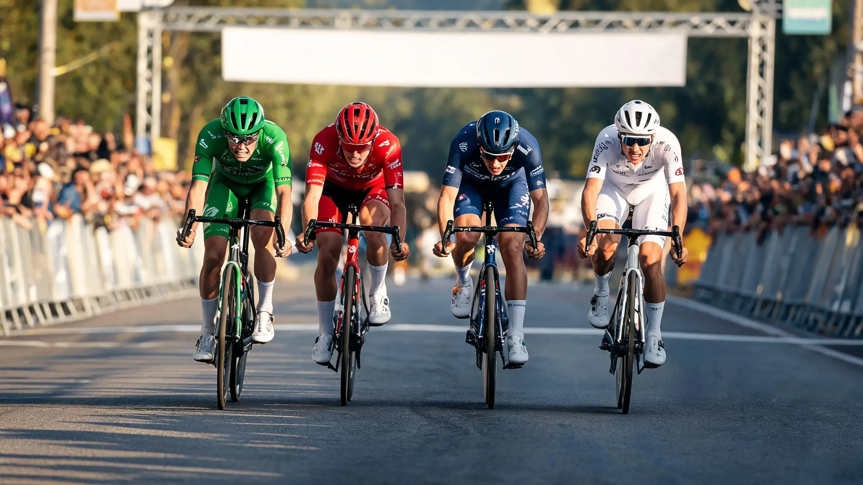 Sprint final d'une étape cycliste avec plusieurs coureurs au coude à coude près de la ligne d'arrivée
