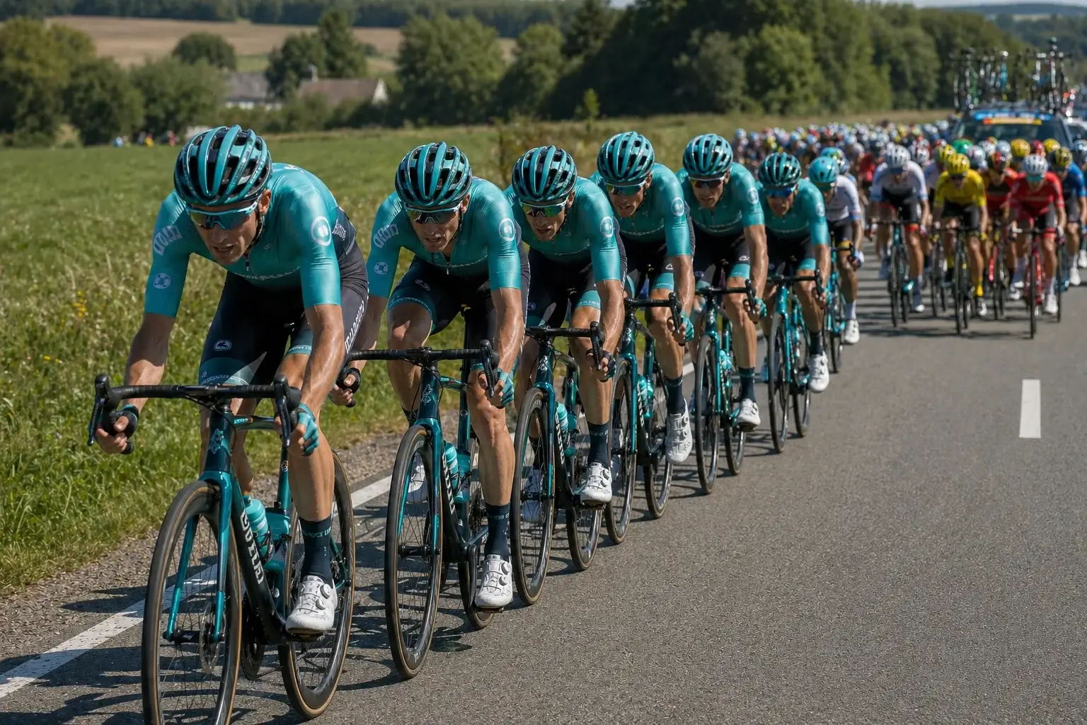 Équipe cycliste roulant en formation pour protéger son leader