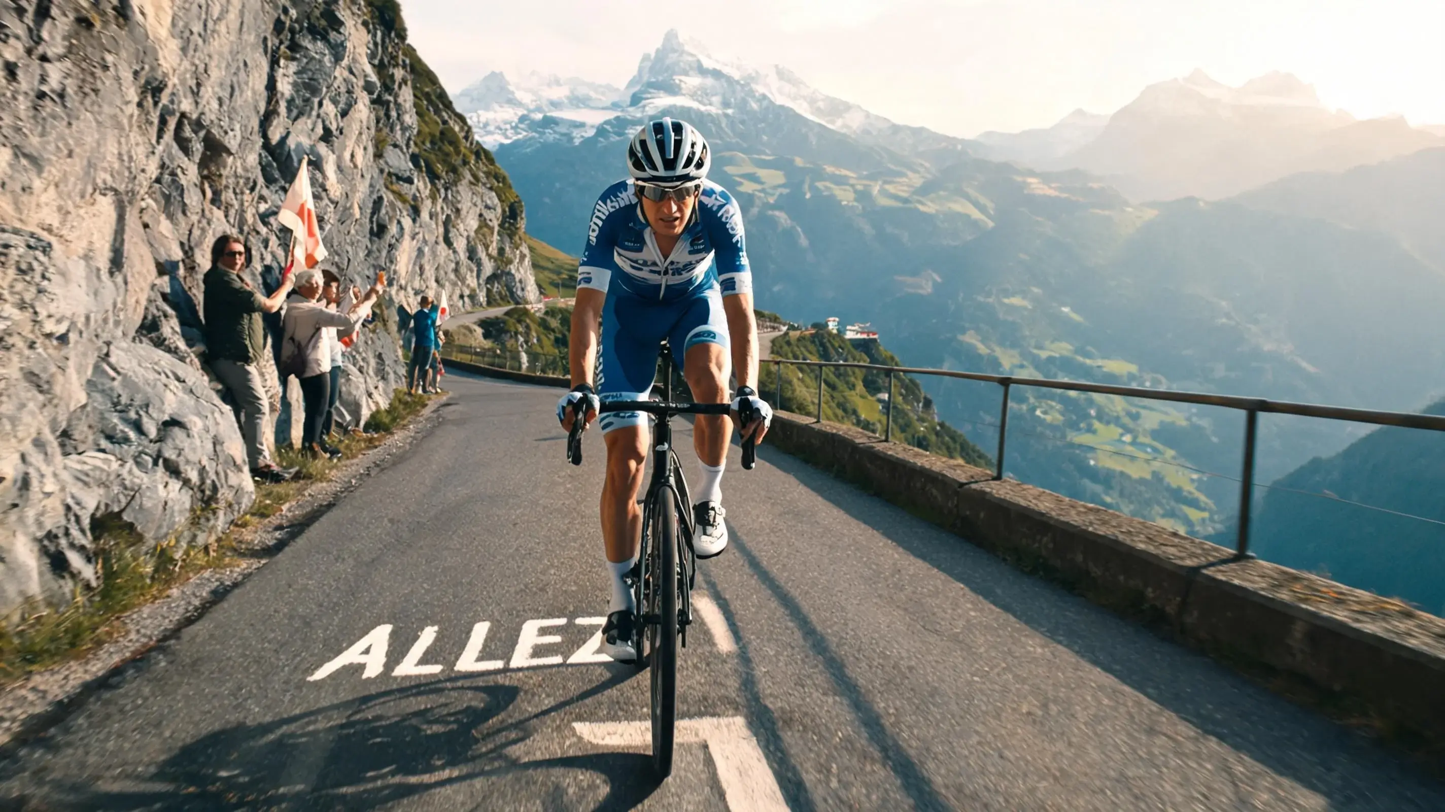 Coureur cycliste gravissant un col alpin lors du Tour de France avec des spectateurs au bord de la route